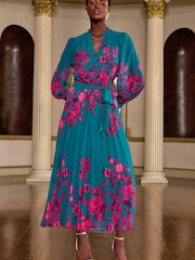 V&A | Love & Roses Teal Floral Print Frill Notch Neck Pleated Long Sleeve Midi Dress - Image 1 of 4