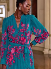 V&A | Love & Roses Teal Floral Print Frill Notch Neck Pleated Long Sleeve Midi Dress - Image 2 of 4