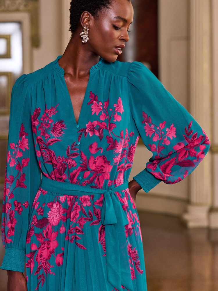 V&A | Love & Roses Teal Floral Print Frill Notch Neck Pleated Long Sleeve Midi Dress - Image 2 of 4