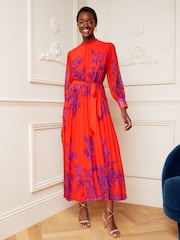 V&A | Love & Roses Red and Purple Floral Print Ruffle Neck Pleated Long Sleeve Midi Dress - Image 1 of 4