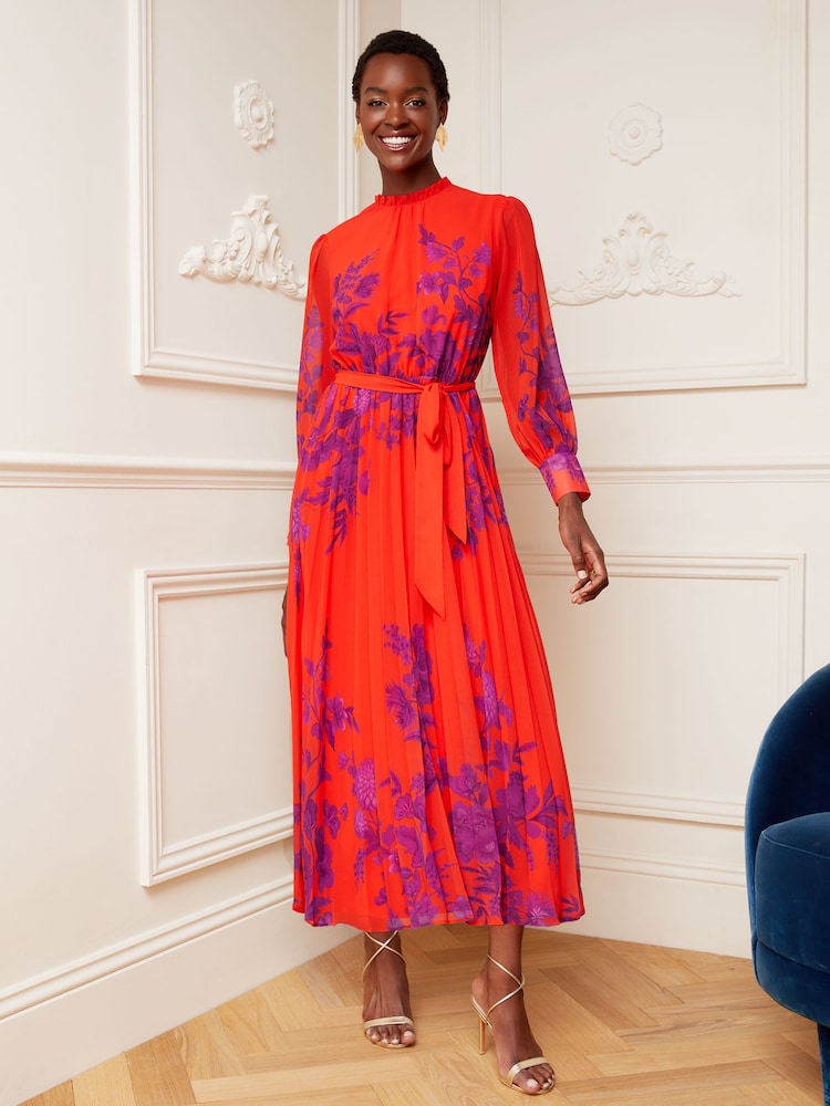 V&A | Love & Roses Red and Purple Floral Print Ruffle Neck Pleated Long Sleeve Midi Dress - Image 1 of 4