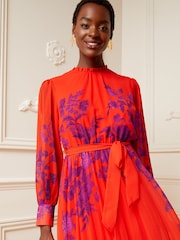 V&A | Love & Roses Red and Purple Floral Print Ruffle Neck Pleated Long Sleeve Midi Dress - Image 2 of 4