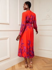 V&A | Love & Roses Red and Purple Floral Print Ruffle Neck Pleated Long Sleeve Midi Dress - Image 3 of 4