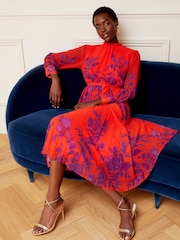 V&A | Love & Roses Red and Purple Floral Print Ruffle Neck Pleated Long Sleeve Midi Dress - Image 4 of 4