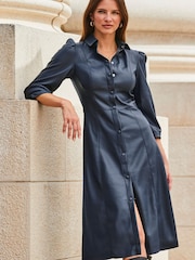 Sosandar Blue Faux Leather Popper Front Shirt Dress - Image 3 of 5