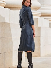 Sosandar Blue Faux Leather Popper Front Shirt Dress - Image 4 of 5