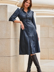 Sosandar Blue Faux Leather Popper Front Shirt Dress - Image 5 of 5