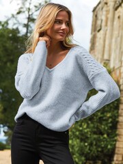Sosandar Blue Cable Shoulder V Neck Jumper - Image 1 of 4