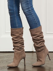 Sosandar Nude Suede Heeled Slouch High Leg Boot - Image 1 of 4