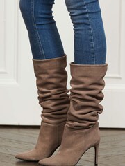 Sosandar Nude Suede Heeled Slouch High Leg Boot - Image 2 of 4