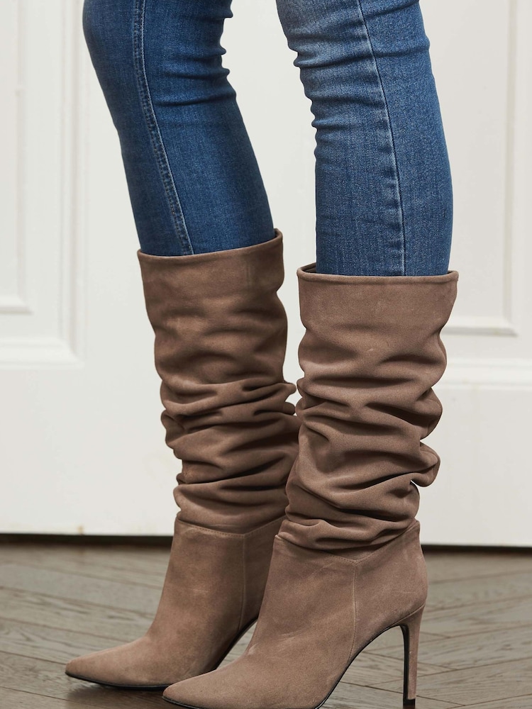 Sosandar Nude Suede Heeled Slouch High Leg Boot - Image 2 of 4