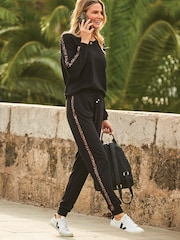 Sosandar Black Leopard Print Stripe Joggers - Image 1 of 6