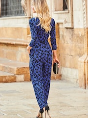 Sosandar Blue Animal Print Wrap Front Tapered Leg Jumpsuit With Pockets - Image 5 of 5