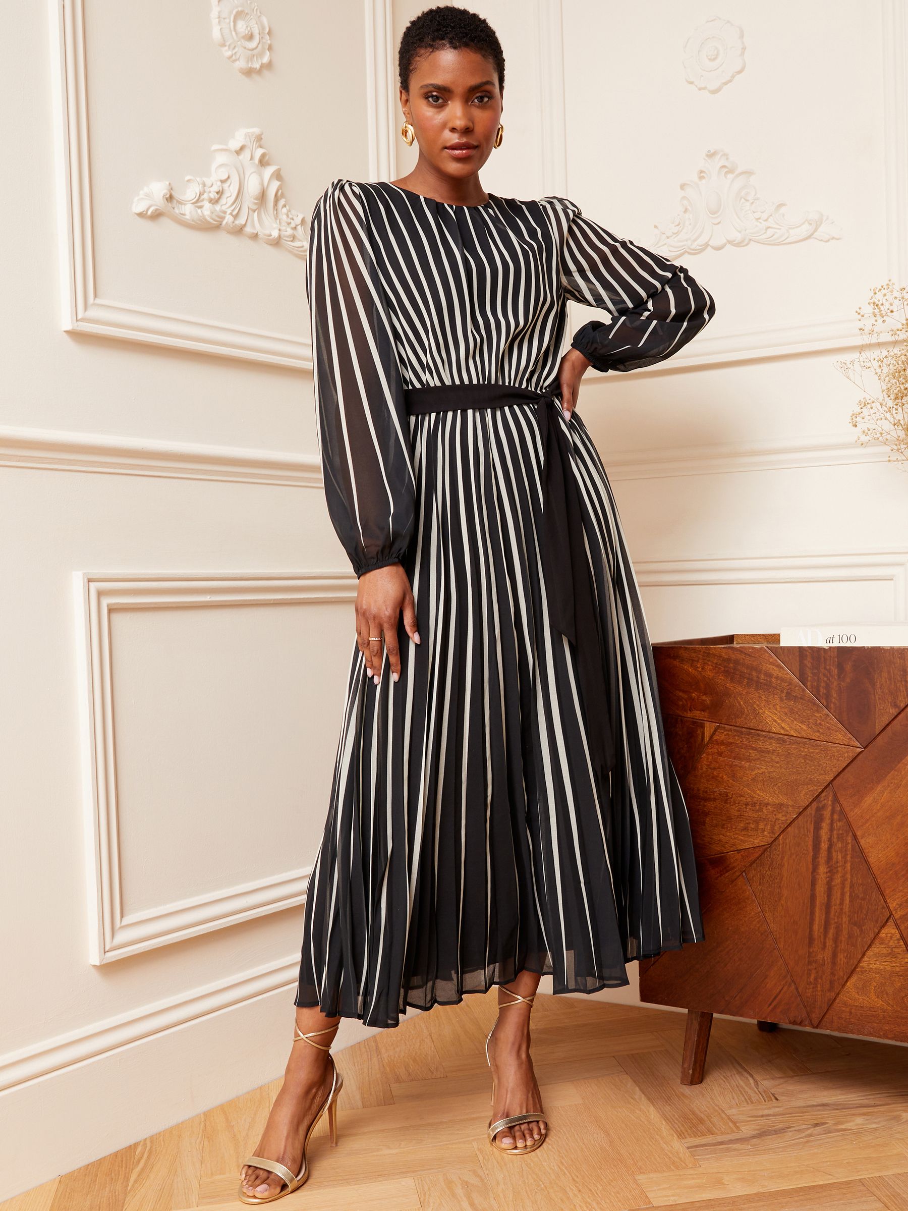 Buy Love Roses Black White Stripe Printed Belted Pleated Long Sleeve Midi Dress from Next Luxembourg