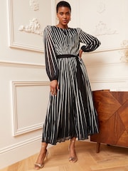 Love & Roses Black & White Stripe Printed Belted Pleated Long Sleeve Midi Dress - Image 1 of 4