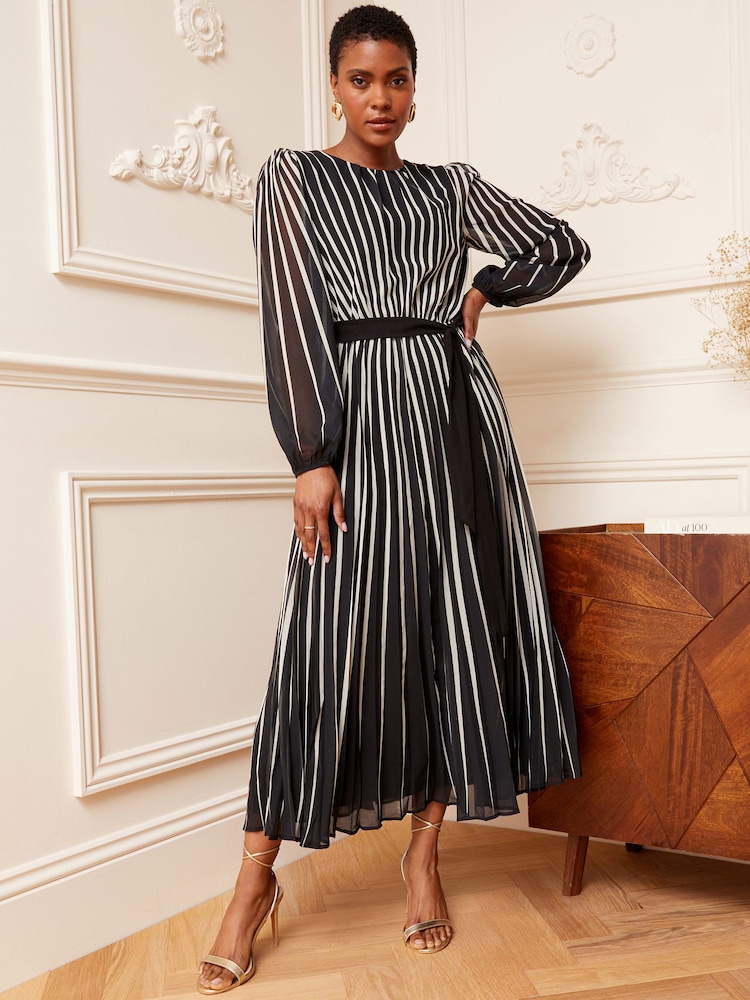 Love & Roses Black & White Stripe Printed Belted Pleated Long Sleeve Midi Dress - Image 1 of 4