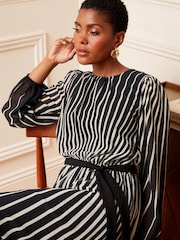 Love & Roses Black & White Stripe Printed Belted Pleated Long Sleeve Midi Dress - Image 2 of 4
