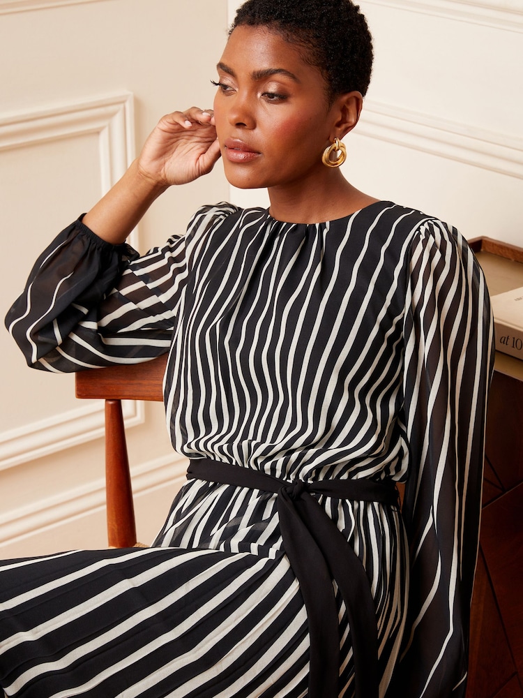 Love & Roses Black & White Stripe Printed Belted Pleated Long Sleeve Midi Dress - Image 2 of 4