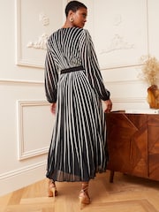 Love & Roses Black & White Stripe Printed Belted Pleated Long Sleeve Midi Dress - Image 3 of 4