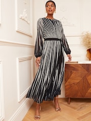Love & Roses Black & White Stripe Printed Belted Pleated Long Sleeve Midi Dress - Image 4 of 4