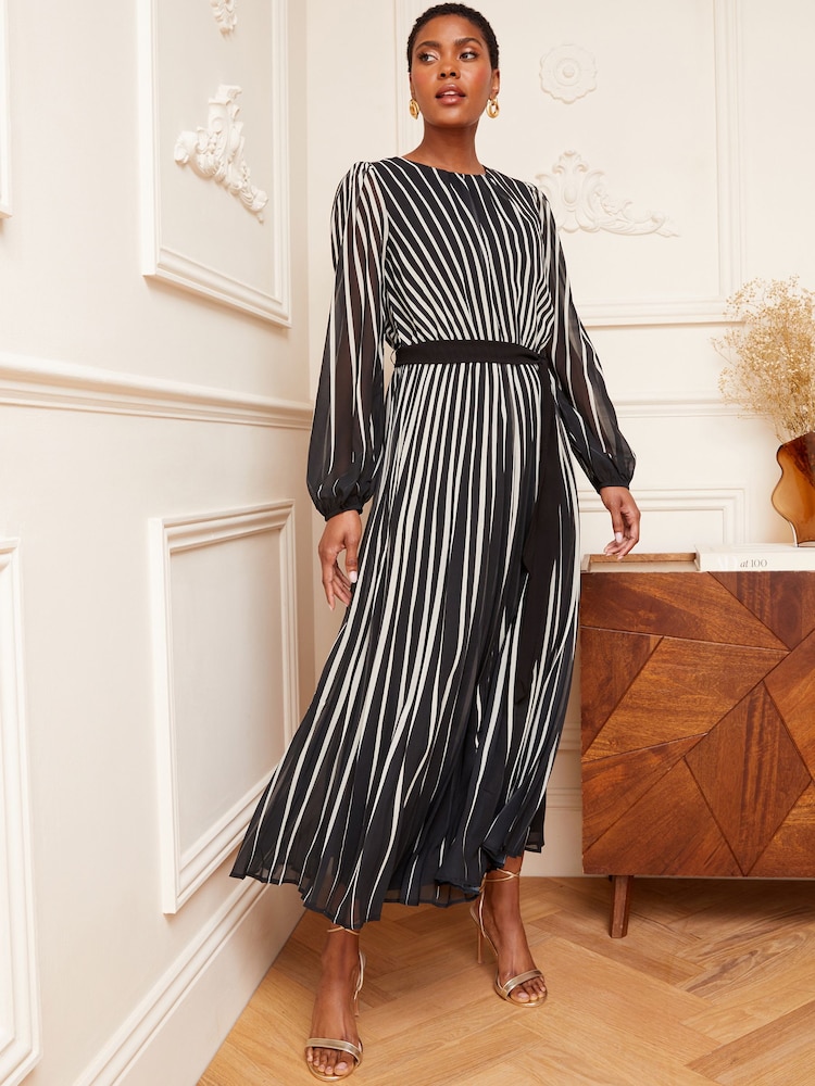Love & Roses Black & White Stripe Printed Belted Pleated Long Sleeve Midi Dress - Image 4 of 4
