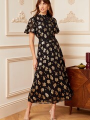 Love & Roses Black Metallic Printed High Neck Flutter Sleeve Midi Dress - Image 1 of 4
