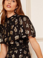 Love & Roses Black Metallic Printed High Neck Flutter Sleeve Midi Dress - Image 2 of 4