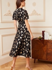Love & Roses Black Metallic Printed High Neck Flutter Sleeve Midi Dress - Image 3 of 4