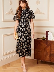 Love & Roses Black Metallic Printed High Neck Flutter Sleeve Midi Dress - Image 4 of 4