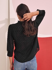 Love & Roses Black Petite Dobby Spot Lace Trim 3/4 Sleeve Button Through Blouse - Image 2 of 4