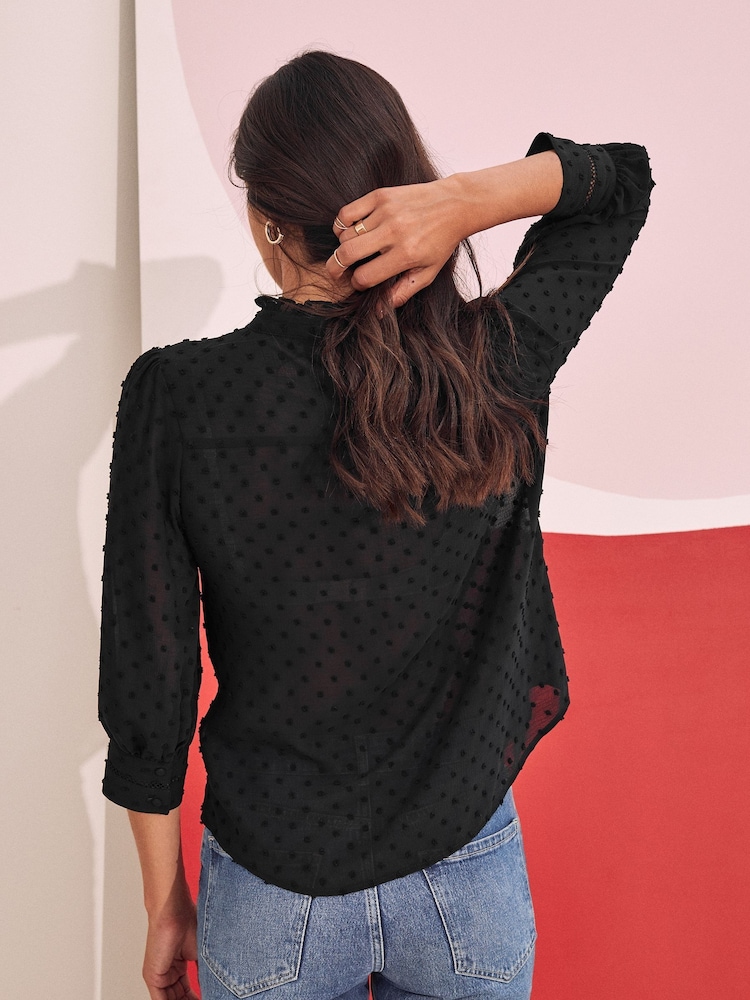 Love & Roses Black Petite Dobby Spot Lace Trim 3/4 Sleeve Button Through Blouse - Image 2 of 4