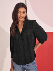Love & Roses Black Petite Dobby Spot Lace Trim 3/4 Sleeve Button Through Blouse - Image 3 of 4