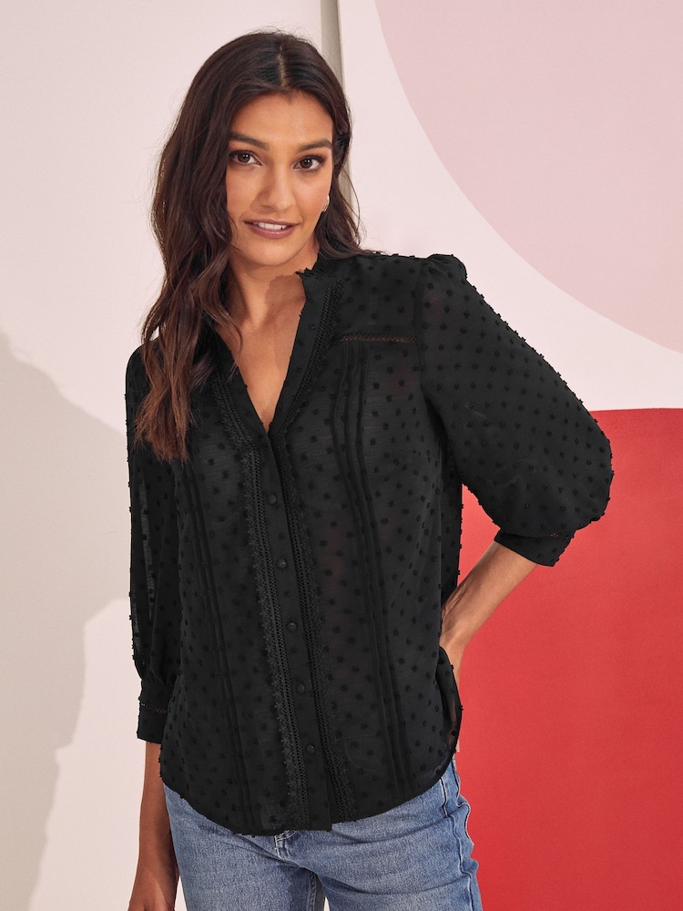 Love & Roses Black Petite Dobby Spot Lace Trim 3/4 Sleeve Button Through Blouse - Image 3 of 4