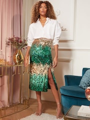 Love & Roses Green Ombre Sequin Midi Skirt - Image 3 of 4
