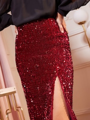 Love & Roses Berry Red Sequin Midi Skirt - Image 2 of 4