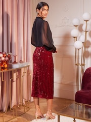 Love & Roses Berry Red Sequin Midi Skirt - Image 3 of 4