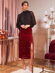 Love & Roses Berry Red Sequin Midi Skirt - Image 4 of 4
