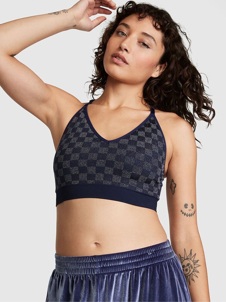 Victoria's Secret PINK Midnight Navy Checkered Blue Non Wired Lightly Lined Seamless Sports Bra - Image 1 of 4