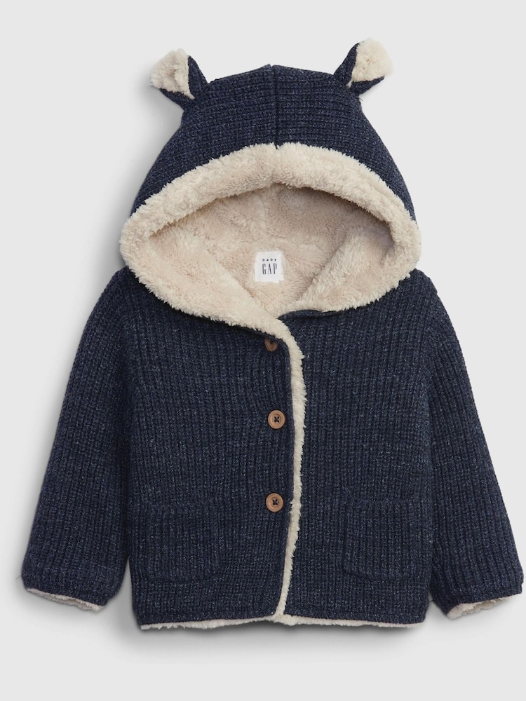 Gap Blue Sherpa Lined Button Up Bear Hoodie - Image 1 of 1 Gap Blue Sherpa Lined Button Up Bear Hoodie - Image 1 of 1