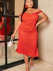 Chi Chi London Red Plus Size Bardot Premium Lace Midi Dress - Image 1 of 5