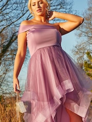 Chi Chi London Purple Plus Size One Shoulder Mesh Skirt Dip Hem Dress - Image 5 of 5