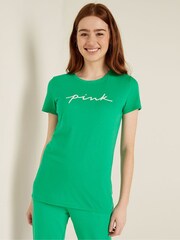 Victoria's Secret PINK Electric Green Script Logo Everyday Tee - Image 1 of 4