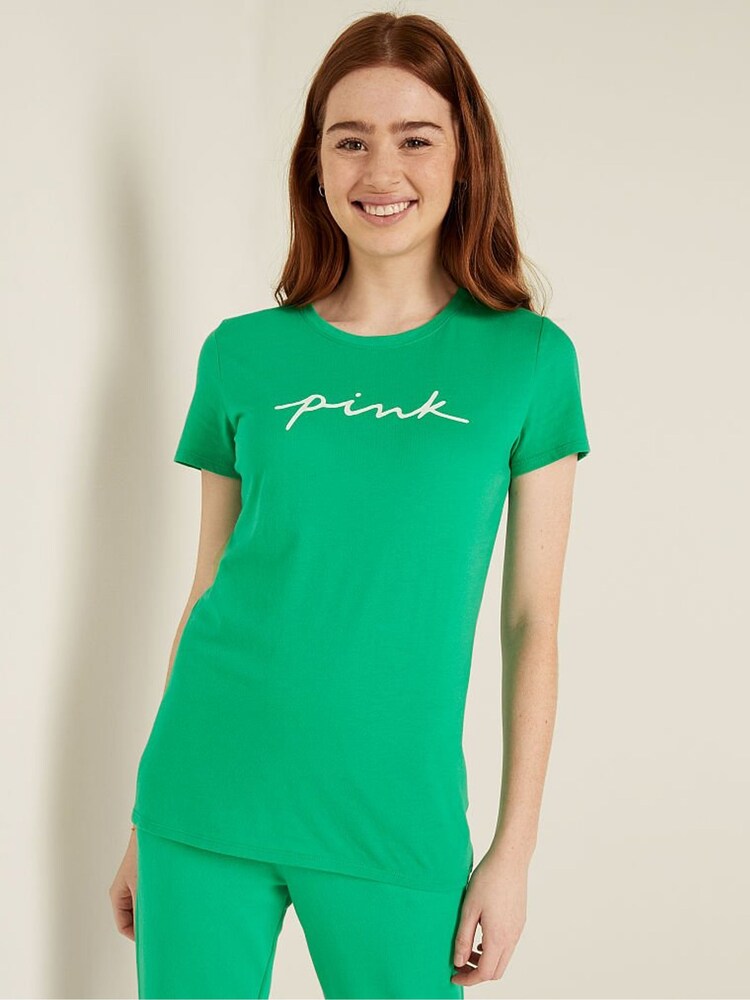 Victoria's Secret PINK Electric Green Script Logo Everyday Tee - Image 1 of 4