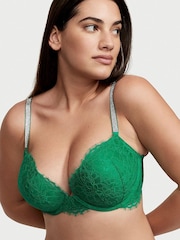 Victoria's Secret Lucky Clover Green Lace Shine Strap Plunge Push Up Bra - Image 1 of 4