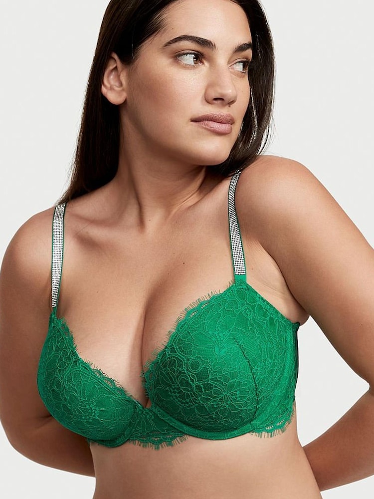 Victoria's Secret Lucky Clover Green Lace Shine Strap Plunge Push Up Bra - Image 1 of 4