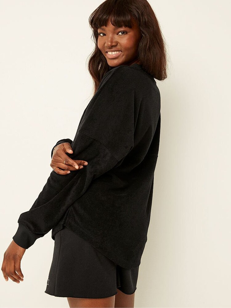 Victoria's Secret PINK Pure Black Varsity Terry V Neck Sweatshirt - Image 2 of 4 Victoria's Secret PINK Pure Black Varsity Terry V Neck Sweatshirt - Image 2 of 4