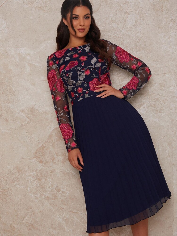Chi Chi London Navy Floral Embroidered Midi Dress - Image 2 of 4