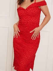 Chi Chi London Red Petite Bardot Premium Lace Midi Dress - Image 3 of 5