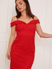 Chi Chi London Red Petite Bardot Premium Lace Midi Dress - Image 4 of 5