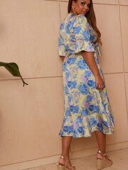 Chi Chi London Yellow & Blue Curve Tie Front Floral Print Midi Dress - Image 2 of 4